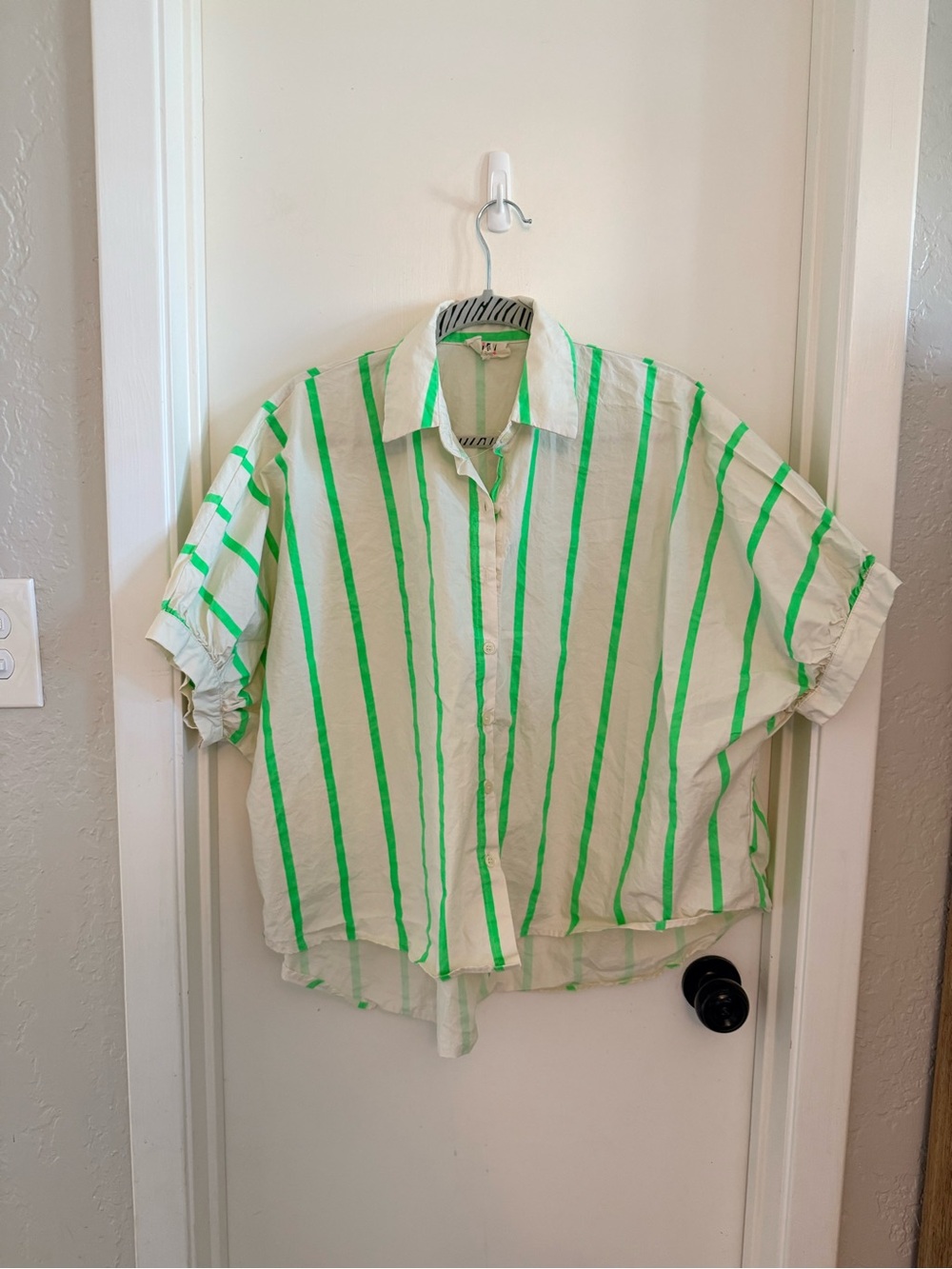 BiBi White Button-Down Shirt with Neon Green Stripes